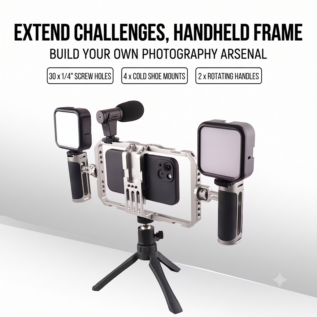 Metal Smartphone Cage Dual-Handle Shooting Bracket, Universal for iPhone & Android, Vlog Photography Stabilizer
