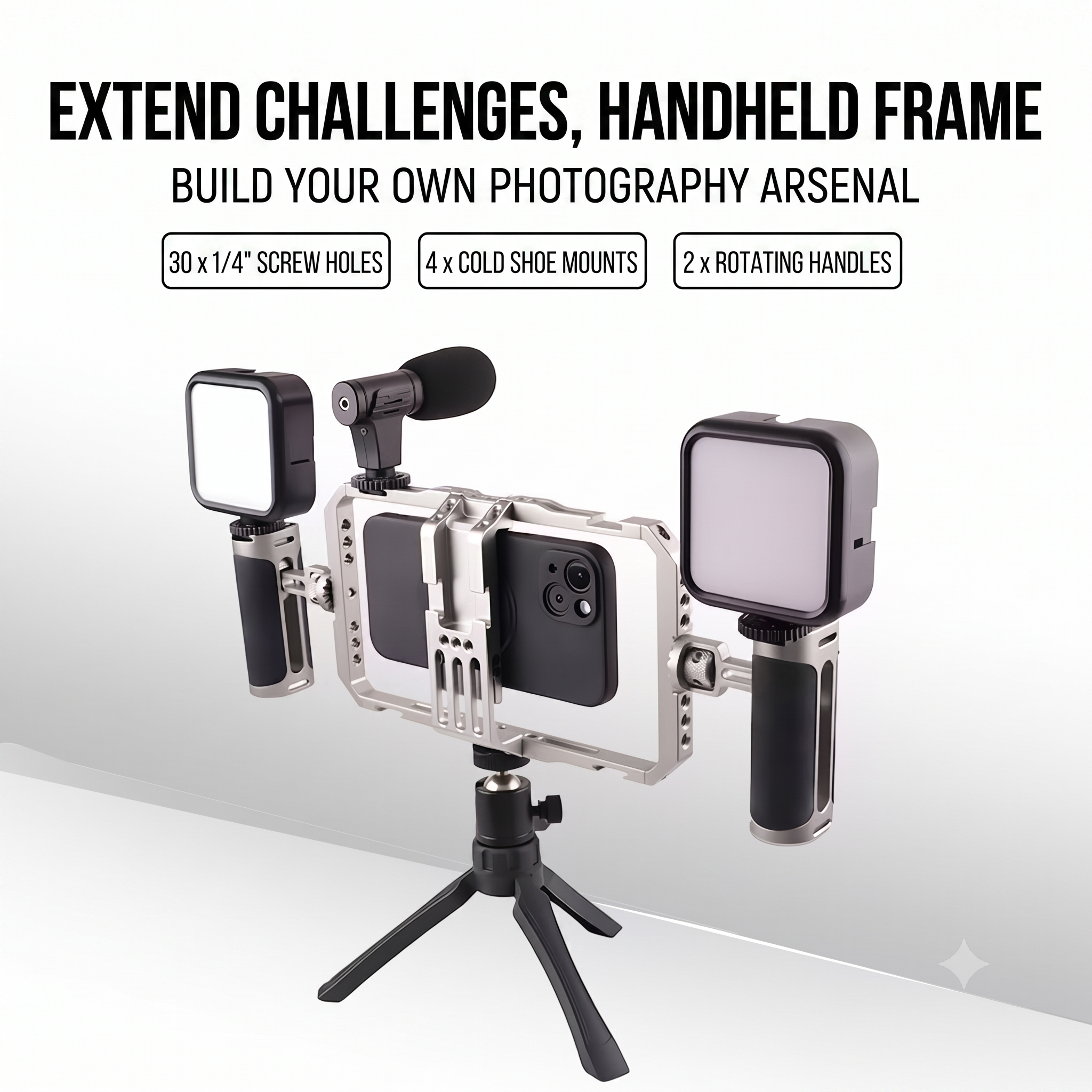 Metal Smartphone Cage Dual-Handle Shooting Bracket, Universal for iPhone & Android, Vlog Photography Stabilizer