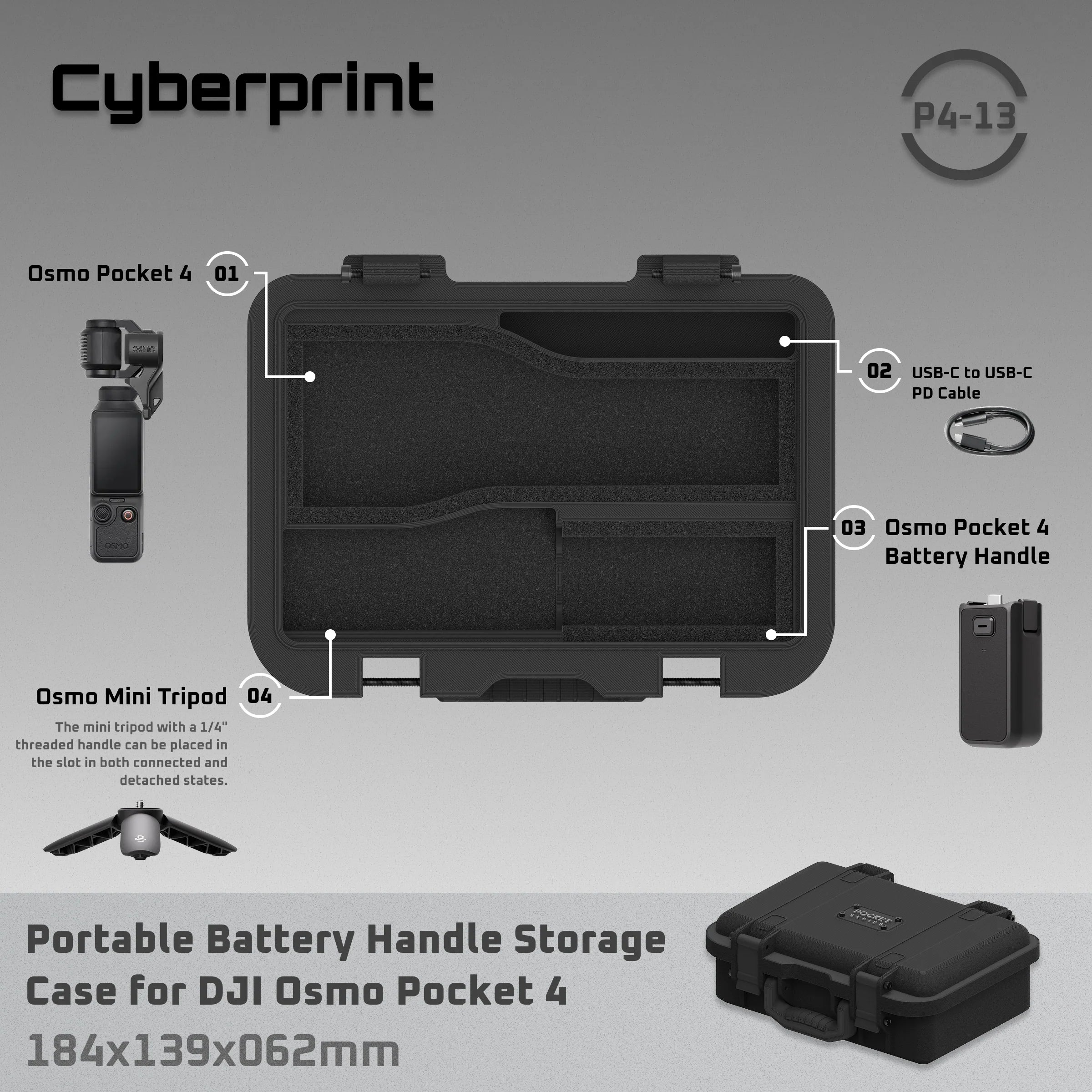 P413 Portable Battery Handle Storage 3D Printed Case for DJI Osmo Pocket 4